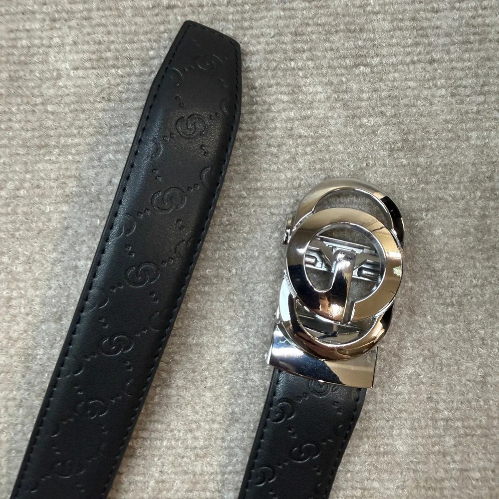 Men's Ratchet Designer Black Leather Belts with Automatic Silver G Letter Buckle